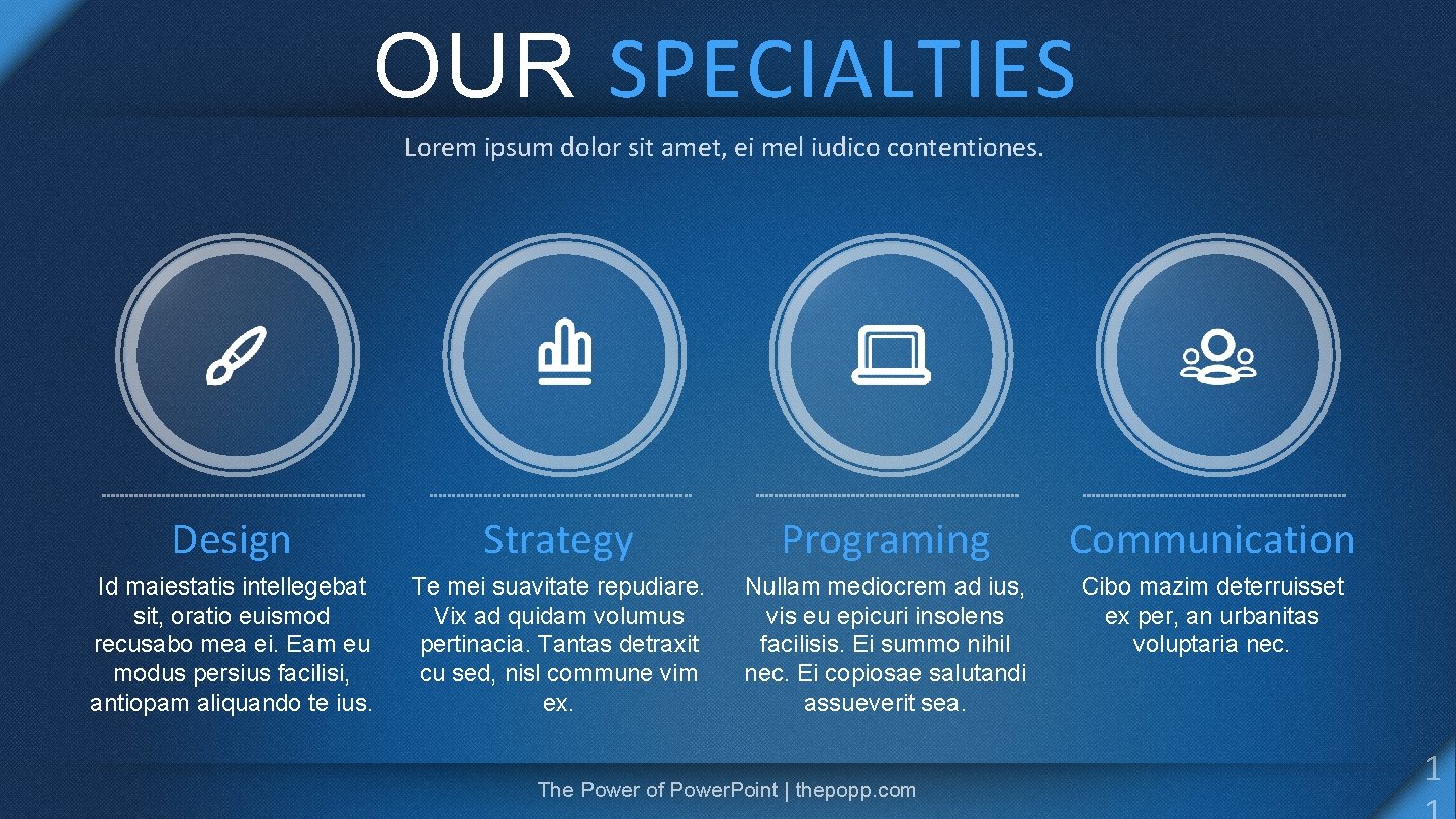 OUR SPECIALTIES Lorem ipsum dolor sit amet, ei mel iudico contentiones. Design Strategy Programing