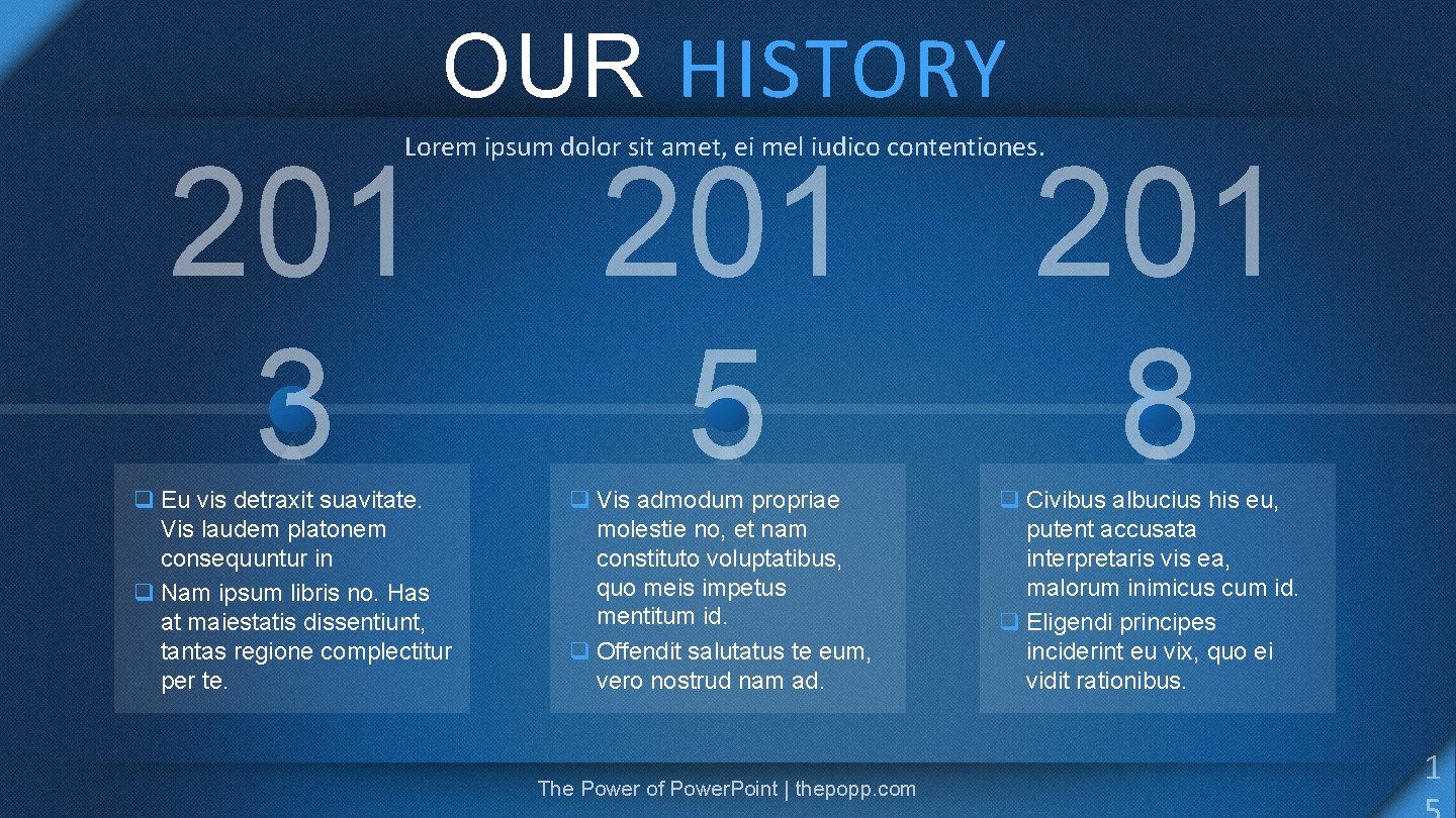 OUR HISTORY Lorem ipsum dolor sit amet, ei mel iudico contentiones. 201 3 q