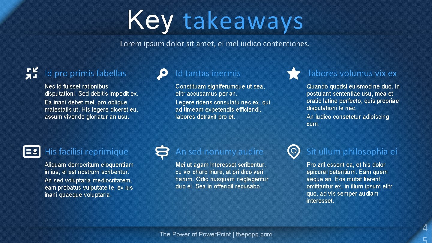 Key takeaways Lorem ipsum dolor sit amet, ei mel iudico contentiones. Id pro primis