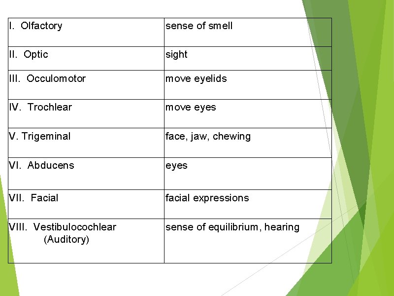 I. Olfactory sense of smell II. Optic sight III. Occulomotor move eyelids IV. Trochlear