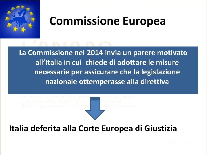 La Commissione nel 2014 invia un parere motivato all’Italia in cui chiede di adottare