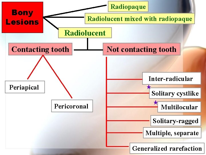Radiopaque Bony Lesions Radiolucent mixed with radiopaque Radiolucent Contacting tooth Not contacting tooth Inter-radicular