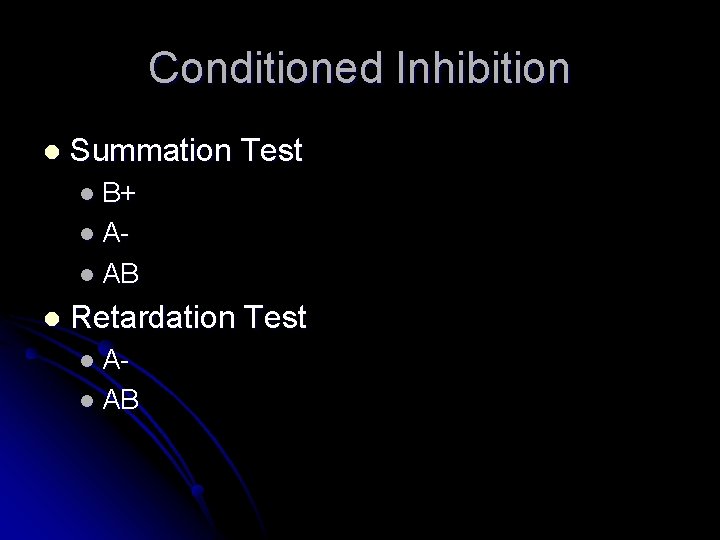 Conditioned Inhibition l Summation Test l B+ l Al AB l Retardation Test l