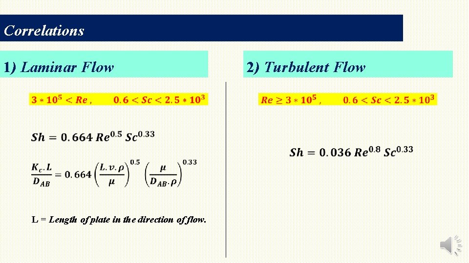 Correlations 1) Laminar Flow L = Length of plate in the direction of flow.