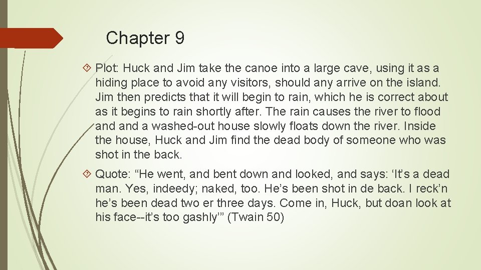 Chapter 9 Plot: Huck and Jim take the canoe into a large cave, using