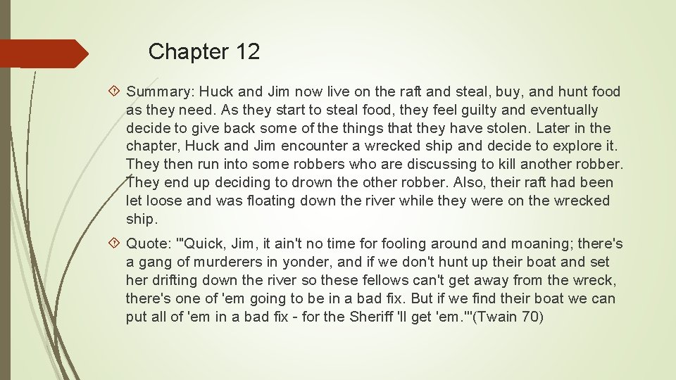 Chapter 12 Summary: Huck and Jim now live on the raft and steal, buy,