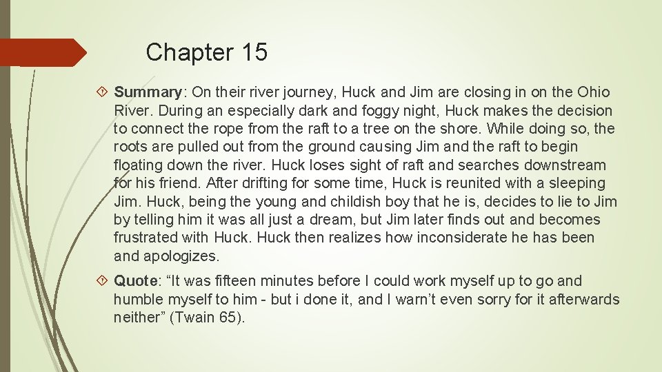Chapter 15 Summary: On their river journey, Huck and Jim are closing in on