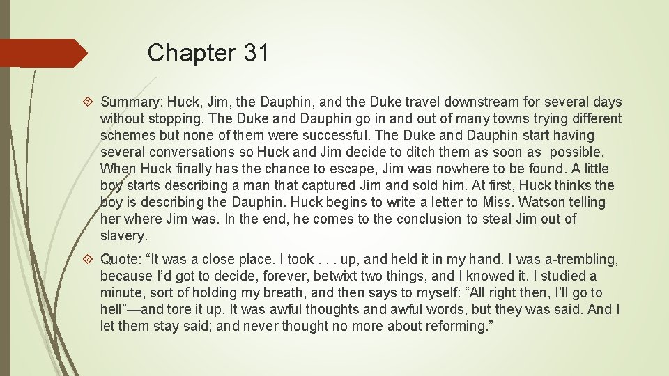 Chapter 31 Summary: Huck, Jim, the Dauphin, and the Duke travel downstream for several