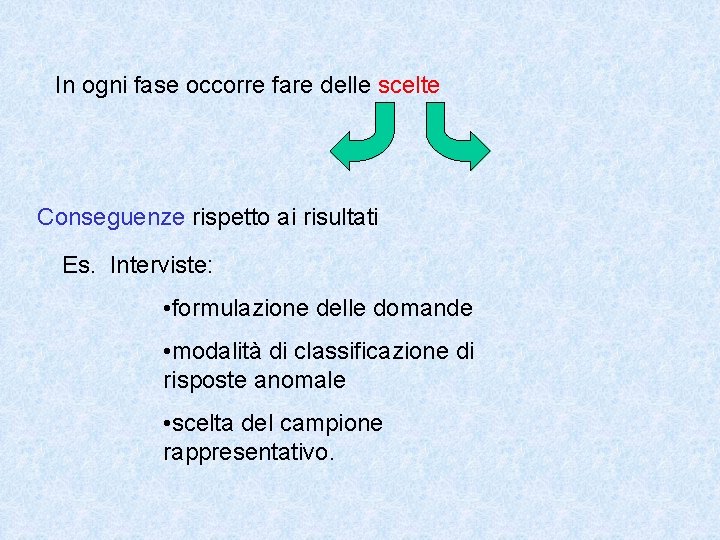 In ogni fase occorre fare delle scelte Conseguenze rispetto ai risultati Es. Interviste: •