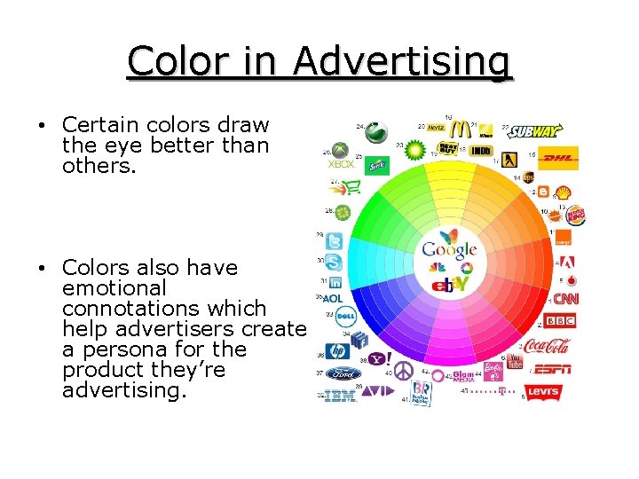 Color in Advertising • Certain colors draw the eye better than others. • Colors