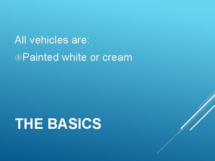 All vehicles are: Painted white or cream THE BASICS 