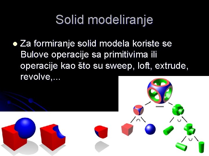 Solid modeliranje l Za formiranje solid modela koriste se Bulove operacije sa primitivima ili
