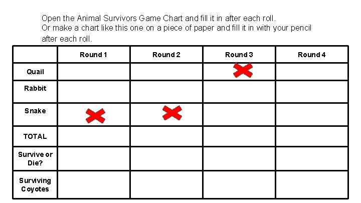 Open the Animal Survivors Game Chart and fill it in after each roll. Or