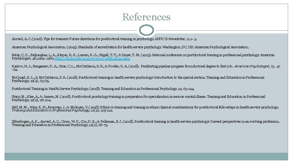 References Aosved, A. C. (2016). Tips for trainers: Future directions for postdoctoral training in