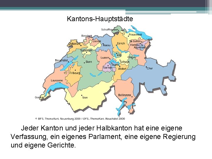 Kantons-Hauptstädte Jeder Kanton und jeder Halbkanton hat eine eigene Verfassung, ein eigenes Parlament, eine