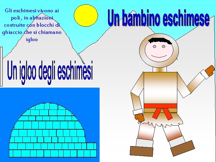 Gli eschimesi vivono ai poli , in abitazioni costruite con blocchi di ghiaccio che