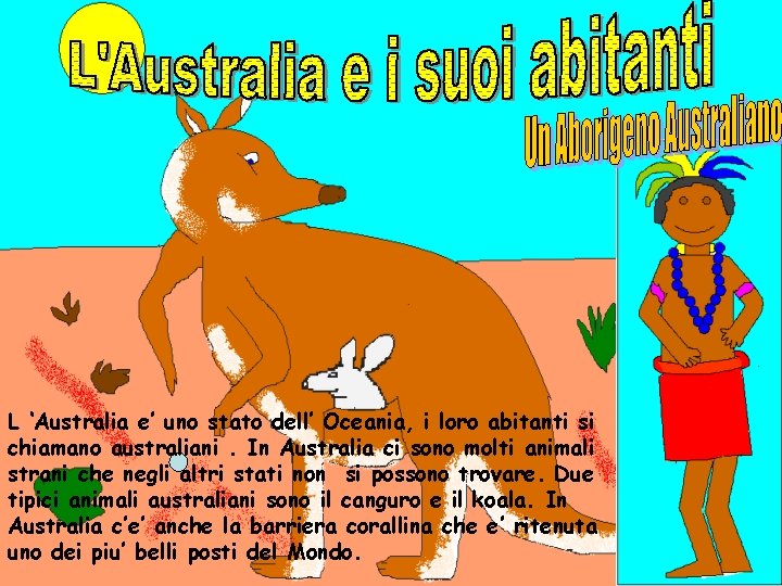 L ‘Australia e’ uno stato dell’ Oceania, i loro abitanti si chiamano australiani. In