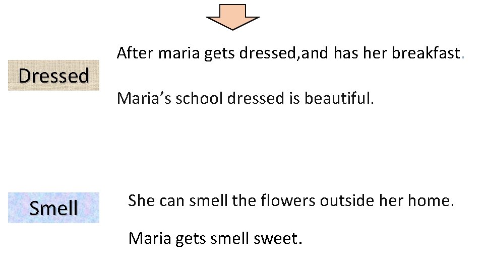 Dressed Smell After maria gets dressed, and has her breakfast. Maria’s school dressed is