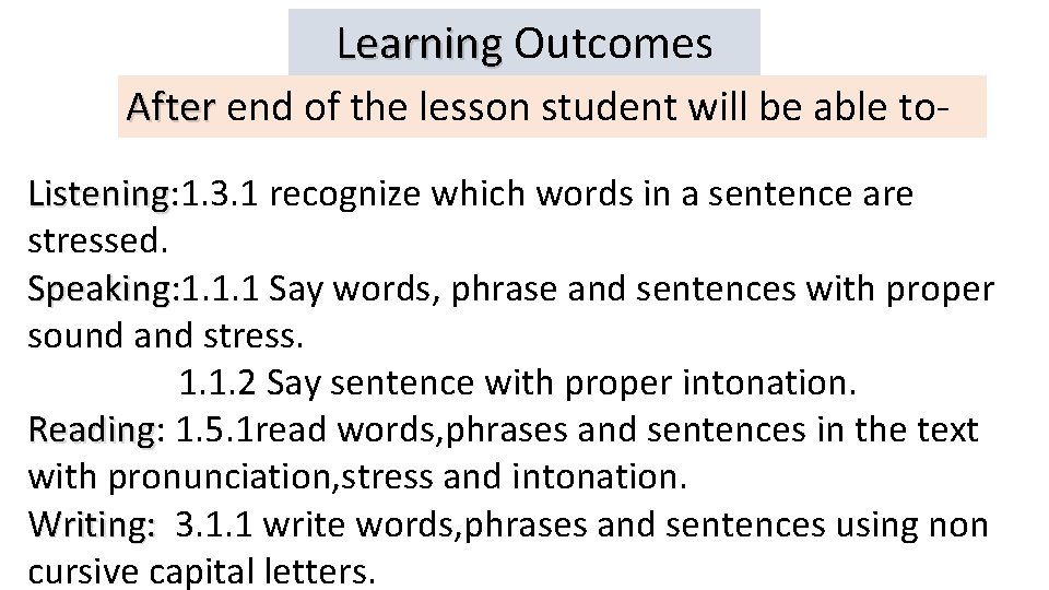 Learning Outcomes After end of the lesson student will be able to. Listening: 1.