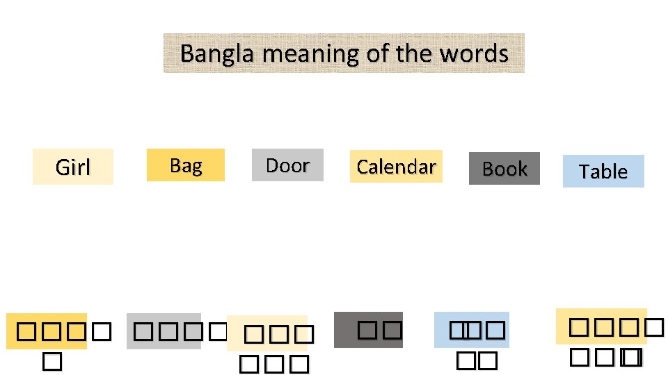 Bangla meaning of the words Girl Bag Door ���� ��� Calendar �� Book ���