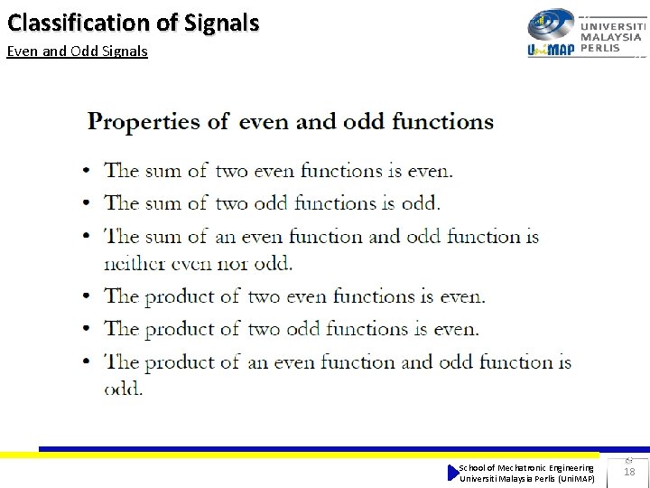 Classification of Signals Even and Odd Signals School of Mechatronic Engineering Universiti Malaysia Perlis Classification of Signals Even and Odd Signals School of Mechatronic Engineering Universiti Malaysia Perlis