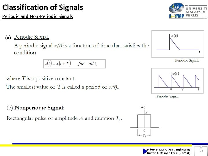 Classification of Signals Periodic and Non-Periodic Signals (a) School of Mechatronic Engineering Universiti Malaysia Classification of Signals Periodic and Non-Periodic Signals (a) School of Mechatronic Engineering Universiti Malaysia
