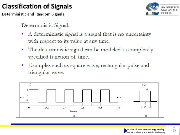 Classification of Signals Deterministic and Random Signals School of Mechatronic Engineering Universiti Malaysia Perlis Classification of Signals Deterministic and Random Signals School of Mechatronic Engineering Universiti Malaysia Perlis