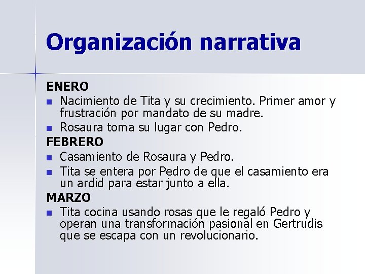 Organización narrativa ENERO n Nacimiento de Tita y su crecimiento. Primer amor y frustración