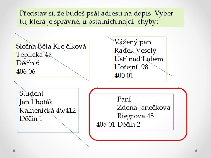 Představ si, že budeš psát adresu na dopis. Vyber tu, která je správně, u