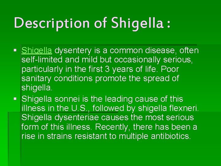 Description of Shigella : § Shigella dysentery is a common disease, often self-limited and Description of Shigella : § Shigella dysentery is a common disease, often self-limited and