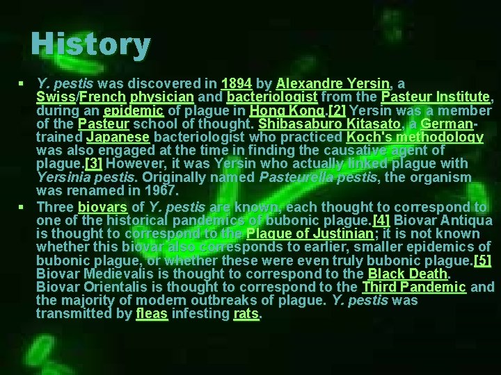 History § Y. pestis was discovered in 1894 by Alexandre Yersin, a Swiss/French physician History § Y. pestis was discovered in 1894 by Alexandre Yersin, a Swiss/French physician