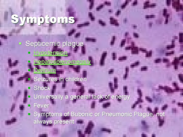 Symptoms § Septicemic plague § § § § Hypotension Hepatosplenomegaly Delirium Seizures in children Symptoms § Septicemic plague § § § § Hypotension Hepatosplenomegaly Delirium Seizures in children