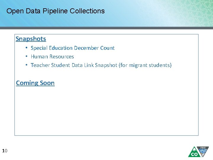 Open Data Pipeline Collections Snapshots • Special Education December Count • Human Resources •