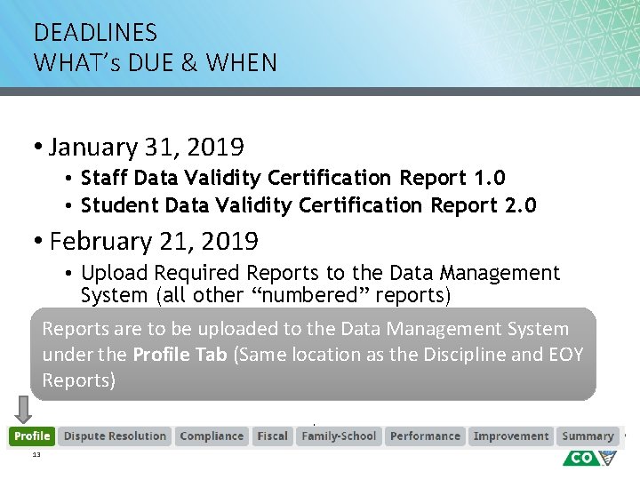 DEADLINES WHAT’s DUE & WHEN • January 31, 2019 • Staff Data Validity Certification