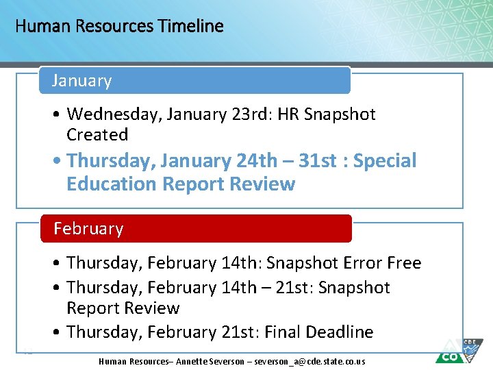 Human Resources Timeline January • Wednesday, January 23 rd: HR Snapshot Created • Thursday,