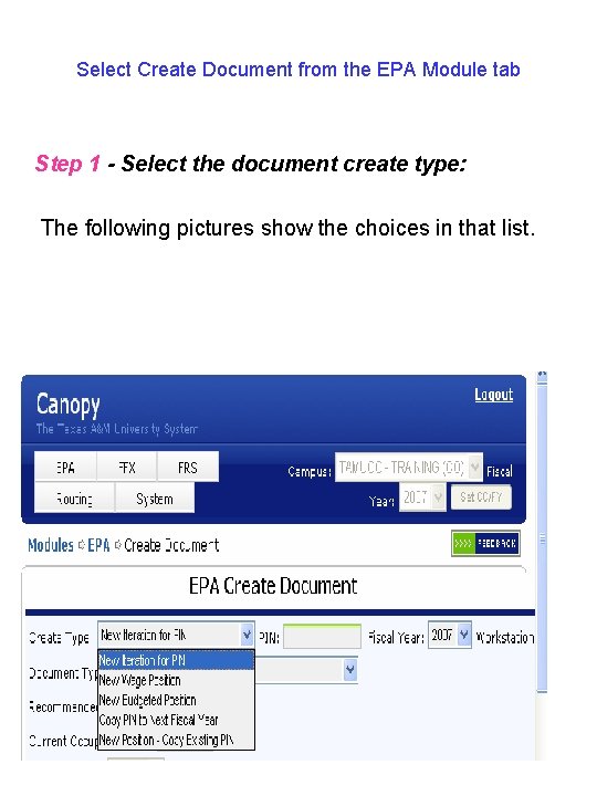 Select Create Document from the EPA Module tab Step 1 - Select the document