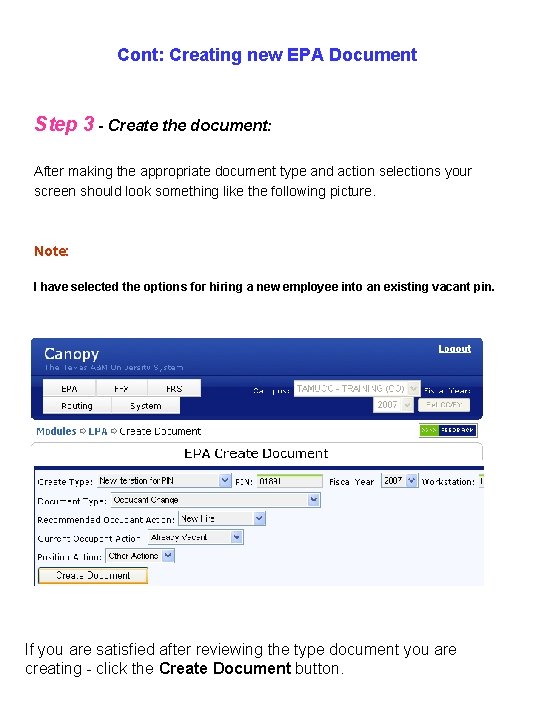 Cont: Creating new EPA Document Step 3 - Create the document: After making the