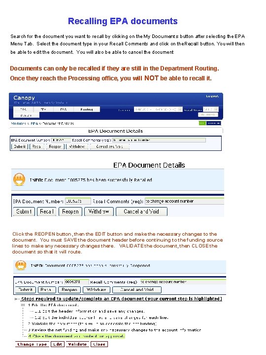 Recalling EPA documents Search for the document you want to recall by clicking on