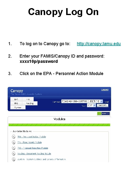 Canopy Log On 1. To log on to Canopy go to: http: //canopy. tamu.
