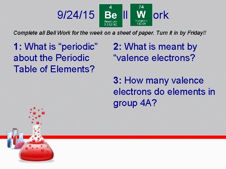5. 1 Organizing the Elements 9/24/15 ll ork Complete all Bell Work for the