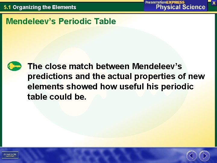5. 1 Organizing the Elements Mendeleev’s Periodic Table The close match between Mendeleev’s predictions
