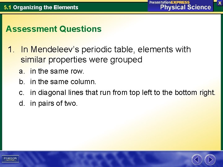 5. 1 Organizing the Elements Assessment Questions 1. In Mendeleev’s periodic table, elements with