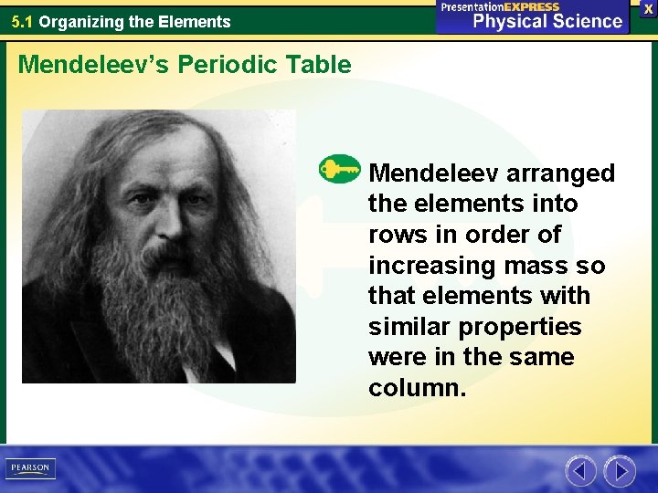 5. 1 Organizing the Elements Mendeleev’s Periodic Table Mendeleev arranged the elements into rows