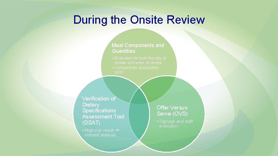 During the Onsite Review Meal Components and Quantities • Evaluated for both the day