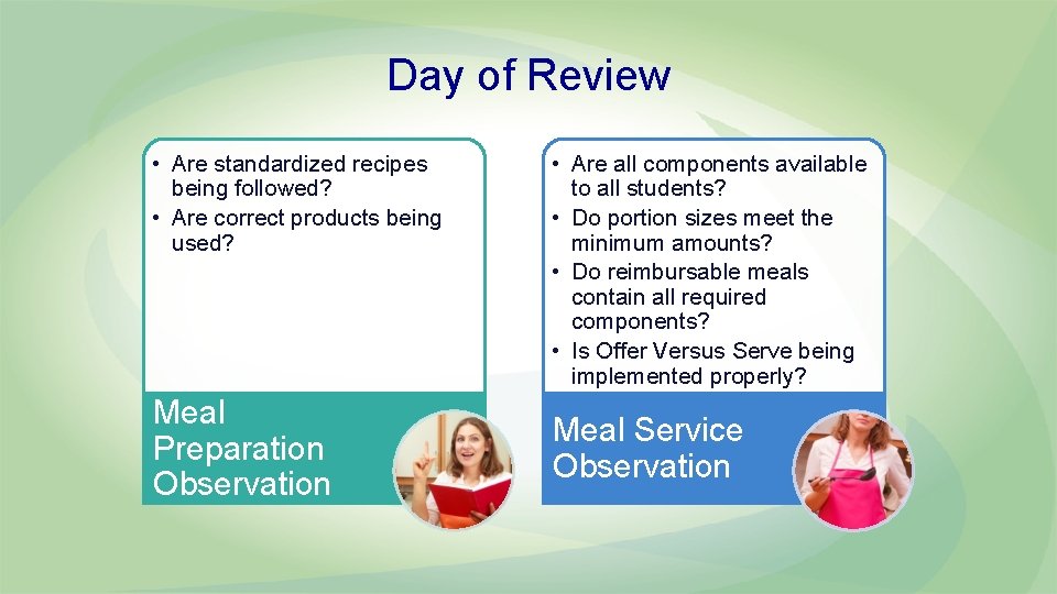 Day of Review • Are standardized recipes being followed? • Are correct products being