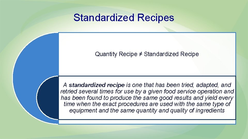 Standardized Recipes Quantity Recipe ≠ Standardized Recipe A standardized recipe is one that has