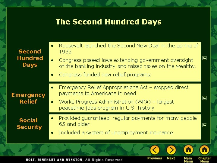 The Second Hundred Days Emergency Relief Social Security • Roosevelt launched the Second New