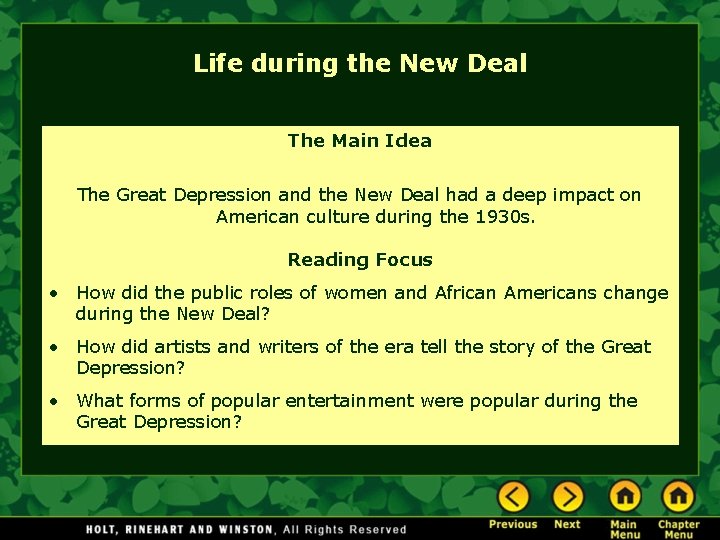 Life during the New Deal The Main Idea The Great Depression and the New