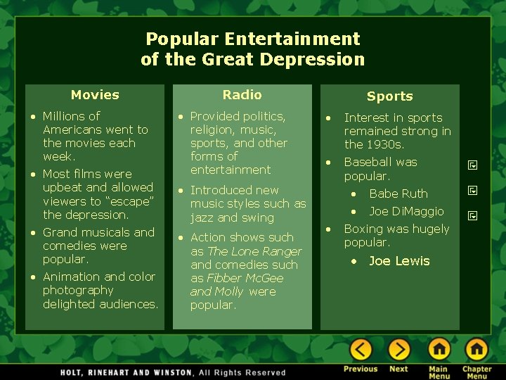 Popular Entertainment of the Great Depression Movies • Millions of Americans went to the