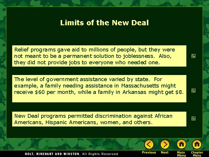 Limits of the New Deal Relief programs gave aid to millions of people, but